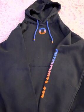 Black Hoodie with Multicolor Logo and Sleeve Print